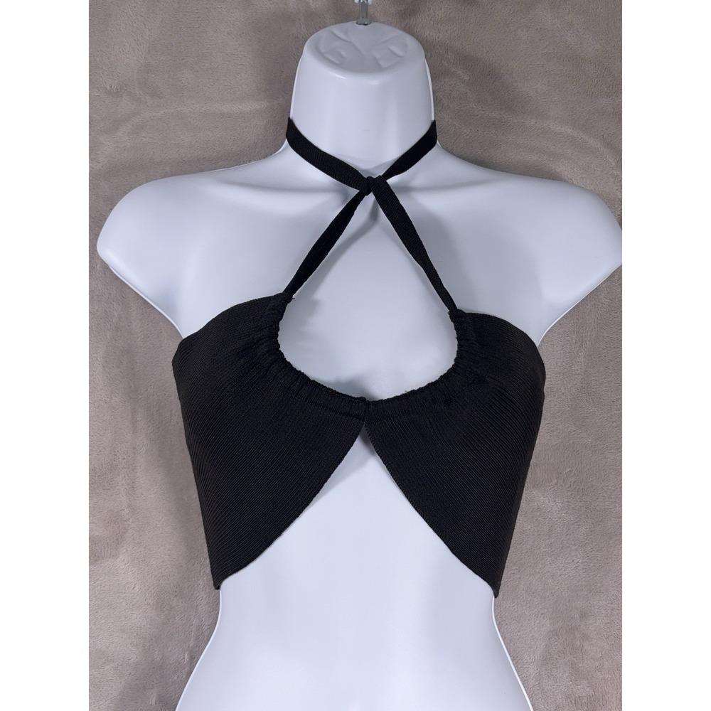 Farm Rio Crop Top Womens P Black Strappy Halter Cutout Knit Ruched Designer